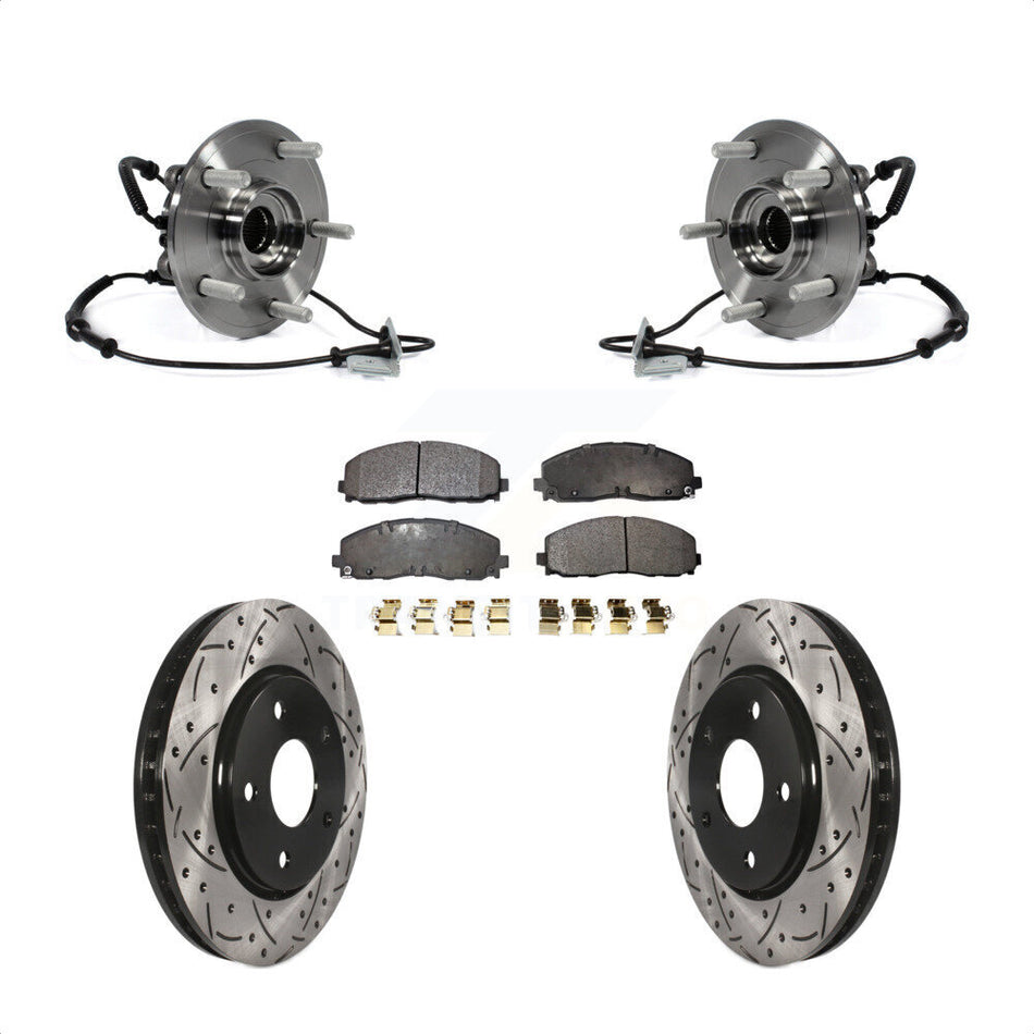 Front Hub Bearing Assembly With Coated Drilled Slotted Disc Brake Rotors And Semi-Metallic Pads Kit For 2017-2018 Dodge Grand Caravan Single Piston Caliper KBB-103035