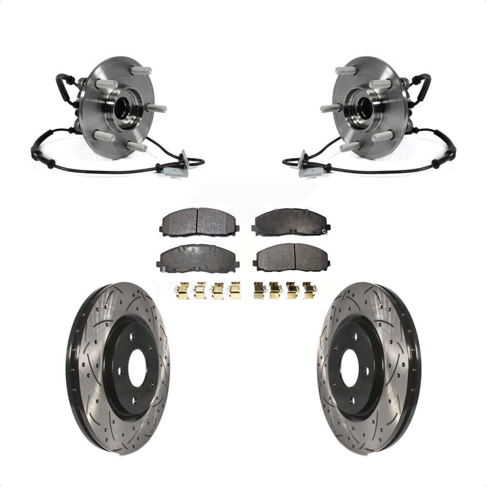 Front Hub Bearing Assembly With Coated Drilled Slotted Disc Brake Rotors And Semi-Metallic Pads Kit For Dodge Grand Caravan Chrysler Town & Country Ram C/V Volkswagen Routan KBB-103036
