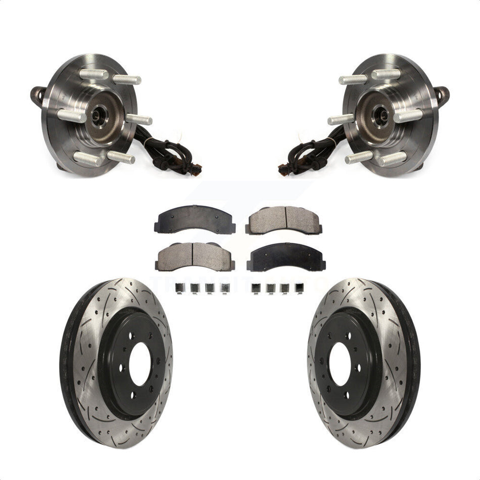 Front Hub Bearing Assembly With Coated Drilled Slotted Disc Brake Rotors And Semi-Metallic Pads Kit For 2015-2017 Ford F-150 4WD KBB-103045