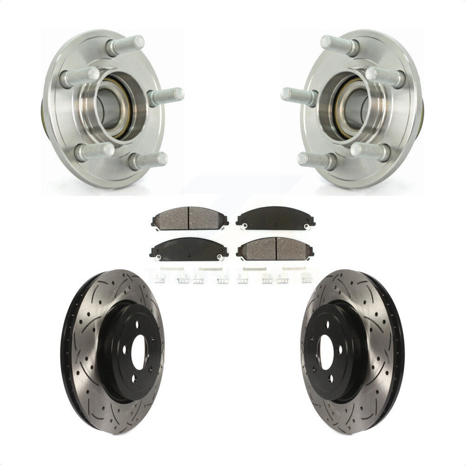 Front Hub Bearing Assembly With Coated Drilled Slotted Disc Brake Rotors And Semi-Metallic Pads Kit For Dodge Chrysler 300 Charger Magnum Challenger KBB-103070