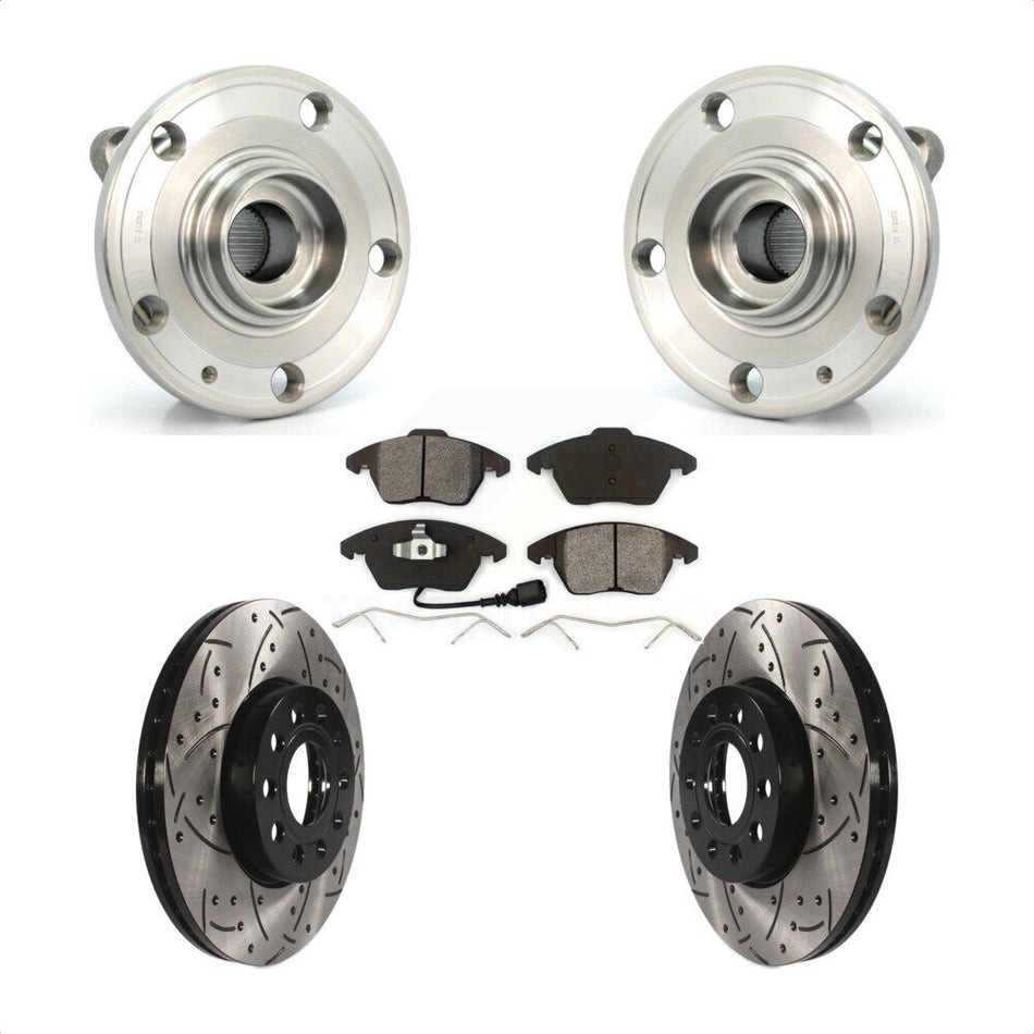 Front Hub Bearing Assembly With Coated Drilled Slotted Disc Brake Rotors And Semi-Metallic Pads Kit For Volkswagen Jetta Beetle Golf Rabbit Audi A3 GTI Quattro KBB-103077