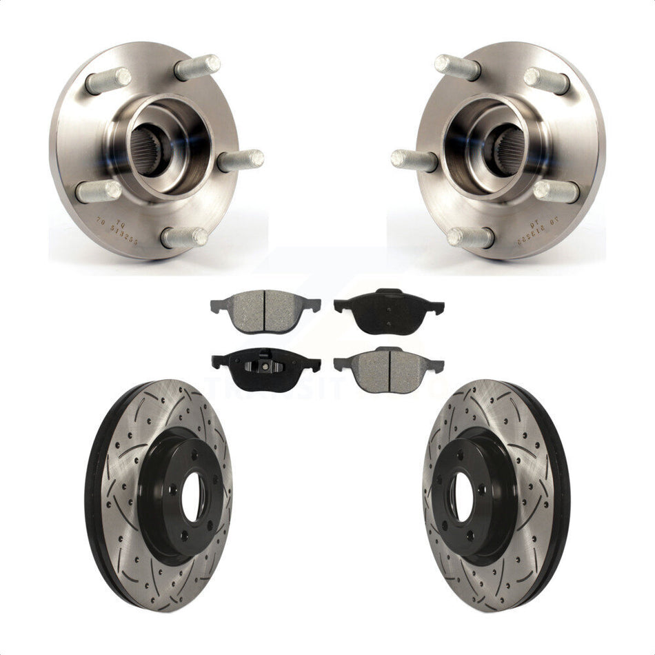 Front Hub Bearing Assembly With Coated Drilled Slotted Disc Brake Rotors And Semi-Metallic Pads Kit For Volvo S40 C70 C30 V50 KBB-103082