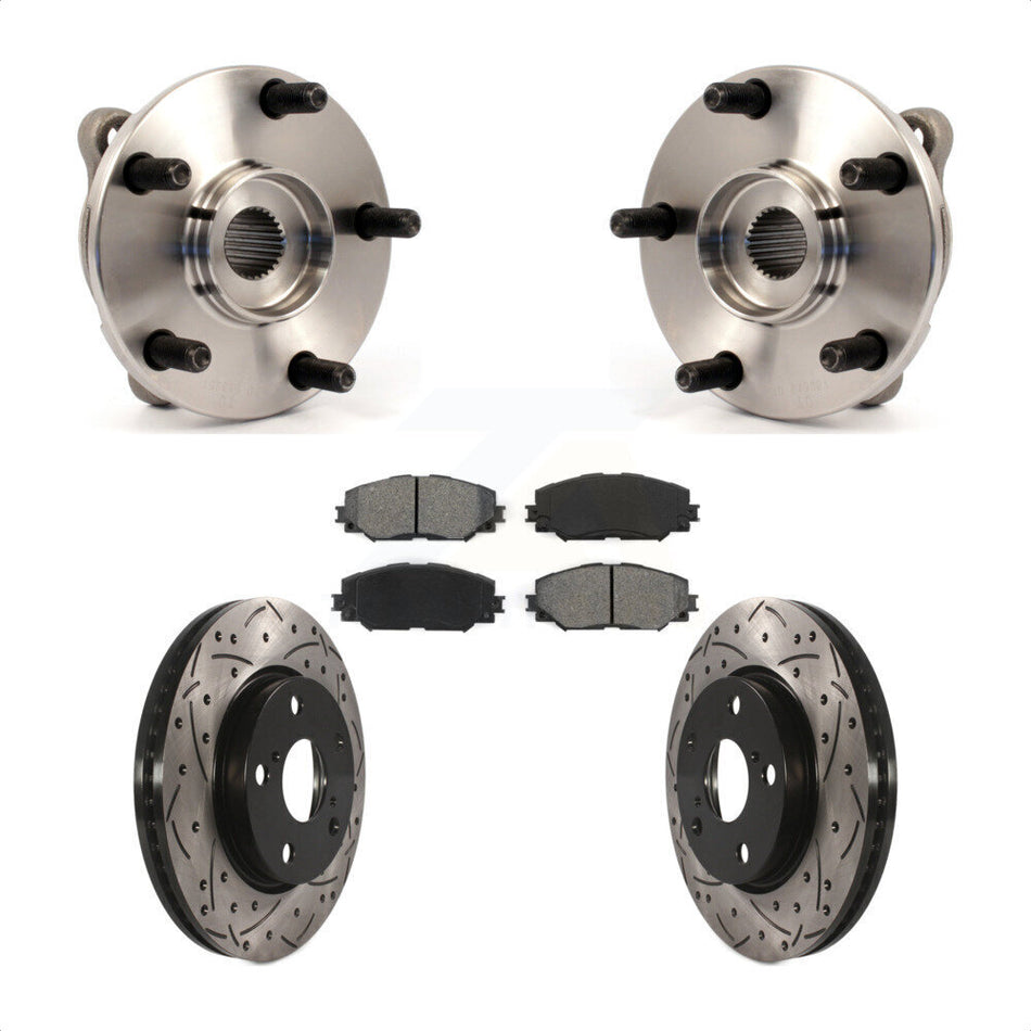 Front Hub Bearing Assembly With Coated Drilled Slotted Disc Brake Rotors And Semi-Metallic Pads Kit For Toyota RAV4 Scion xB Prius V Lexus HS250h KBB-103084
