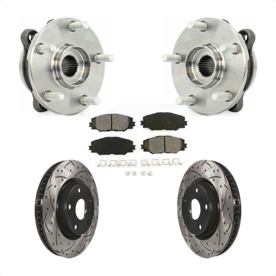 Front Hub Bearing Assembly With Coated Drilled Slotted Disc Brake Rotors And Semi-Metallic Pads Kit For Toyota RAV4 Scion tC Mirai KBB-103085