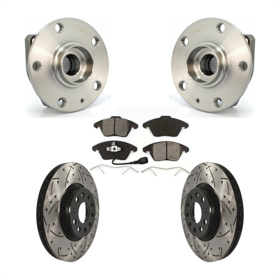 Front Hub Bearing Assembly With Coated Drilled Slotted Disc Brake Rotors And Semi-Metallic Pads Kit For Volkswagen GTI Eos Audi A3 KBB-103087