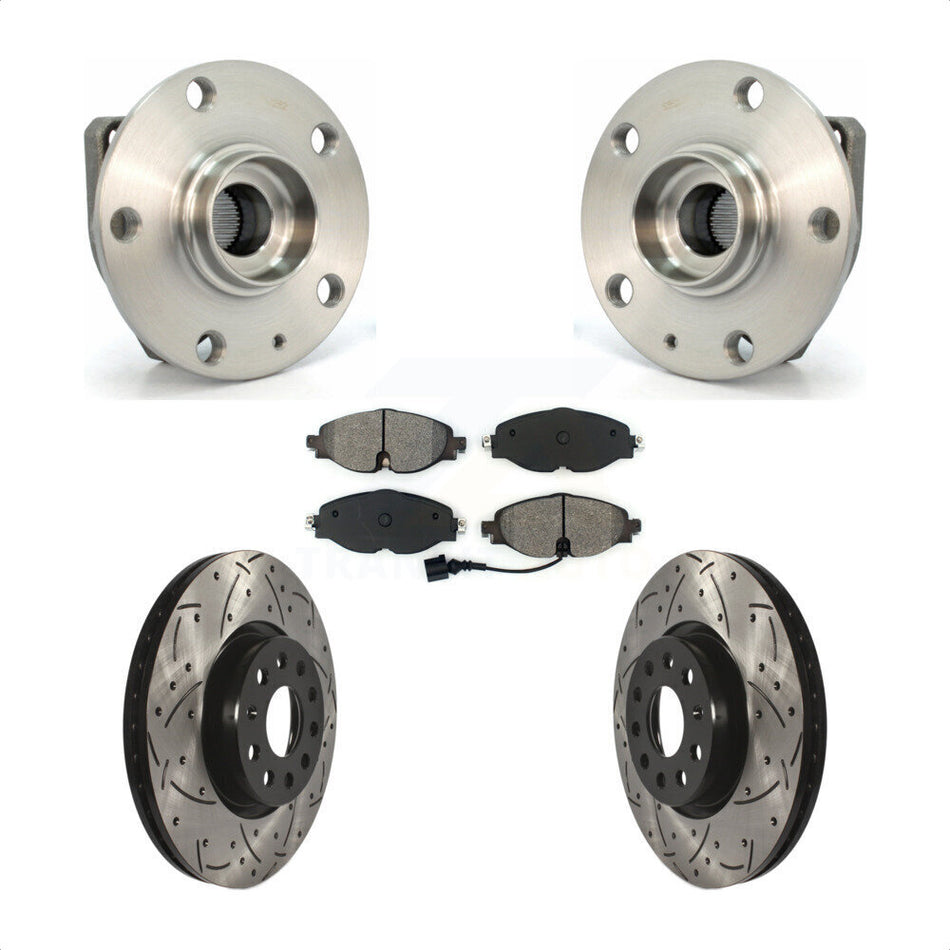 Front Hub Bearing Assembly With Coated Drilled Slotted Disc Brake Rotors And Semi-Metallic Pads Kit For 2017 Volkswagen Golf Alltrack Code 1ZE 1ZP KBB-103088