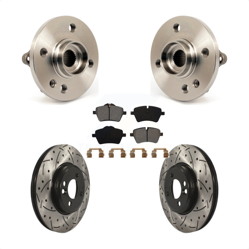 Front Hub Bearing Assembly With Coated Drilled Slotted Disc Brake Rotors And Semi-Metallic Pads Kit For Mini Cooper 294mm Diameter Rotor 4 Lug Wheels KBB-103133