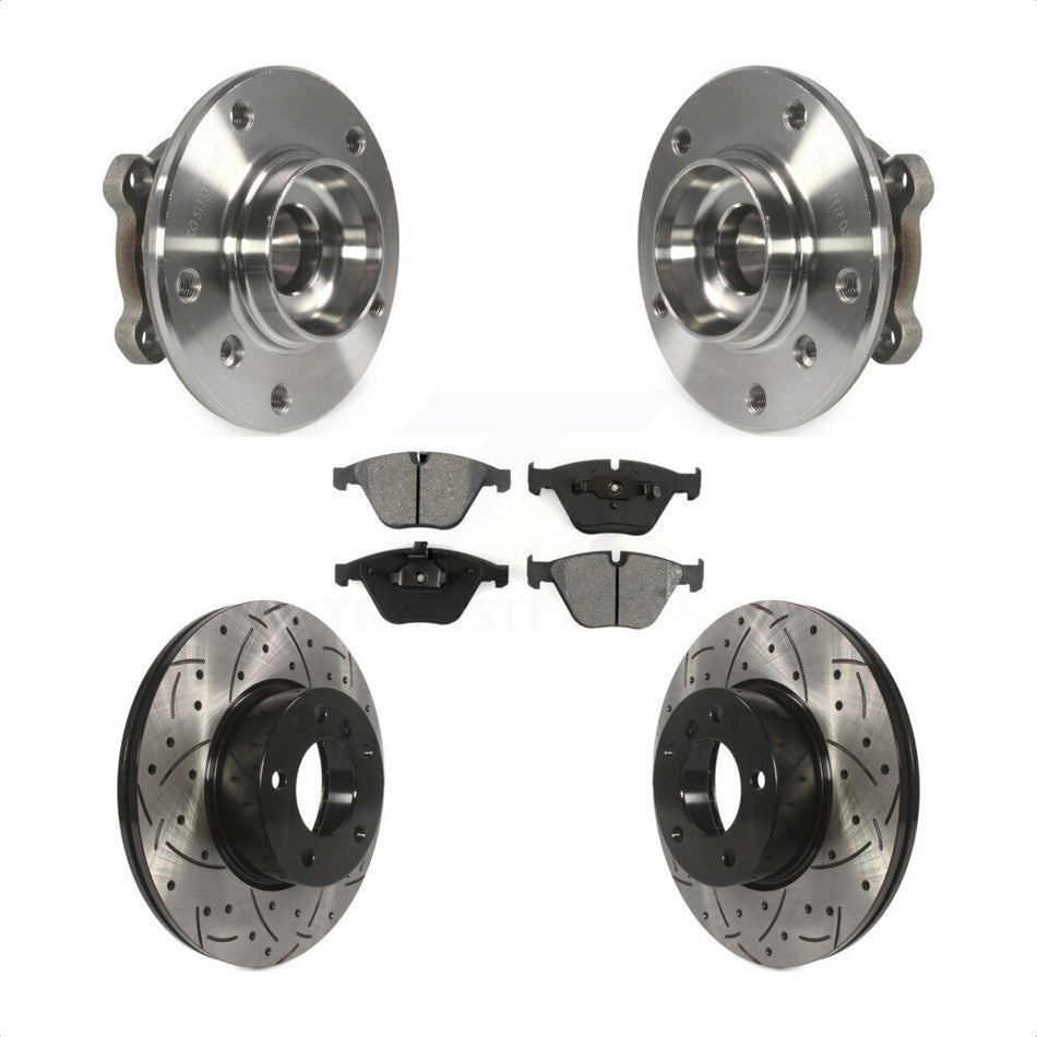 Front Hub Bearing Assembly With Coated Drilled Slotted Disc Brake Rotors And Semi-Metallic Pads Kit For 2013-2015 BMW X1 xDrive28i with AWD KBB-103146