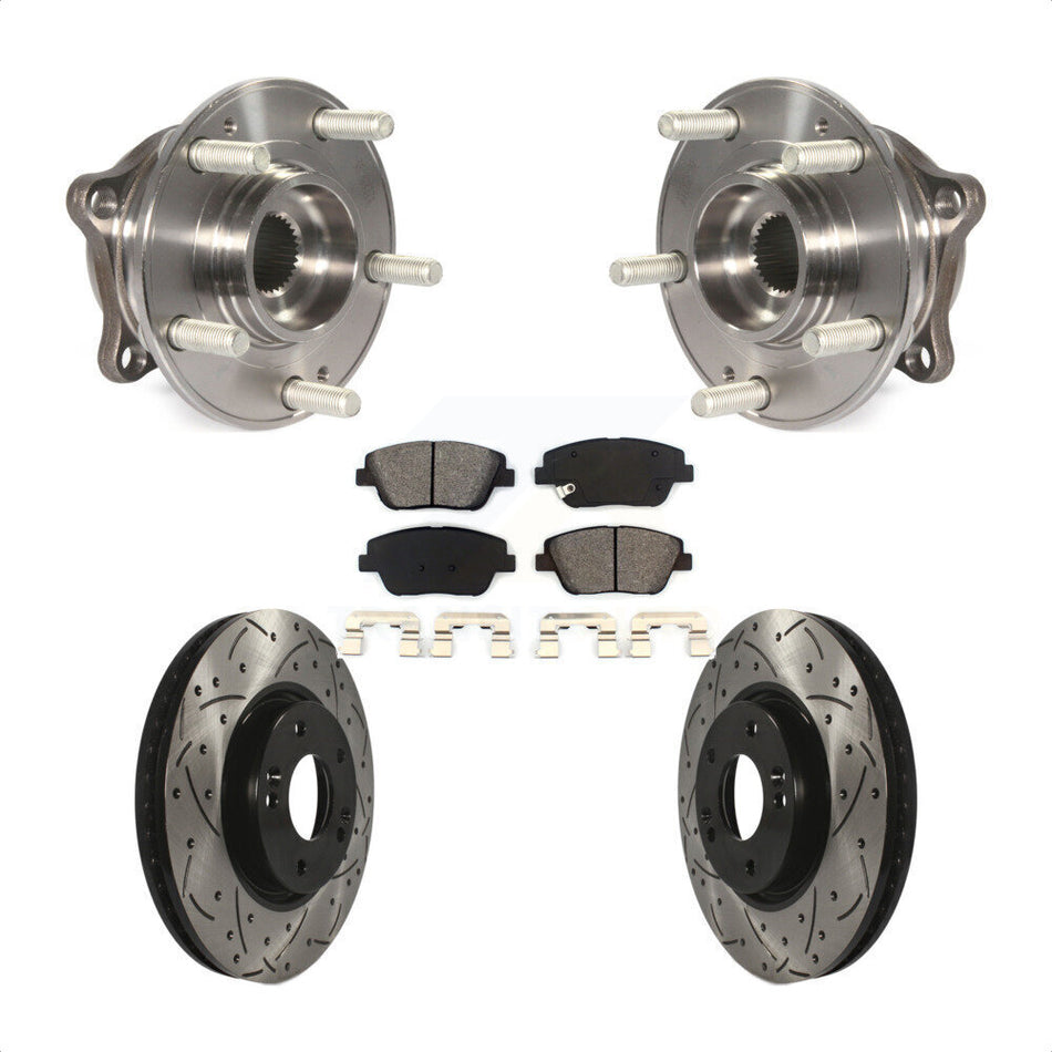 Front Hub Bearing Assembly With Coated Drilled Slotted Disc Brake Rotors And Semi-Metallic Pads Kit For 2015 Hyundai Sonata FULL HYBRID EV-GAS (FHEV) engine KBB-103178