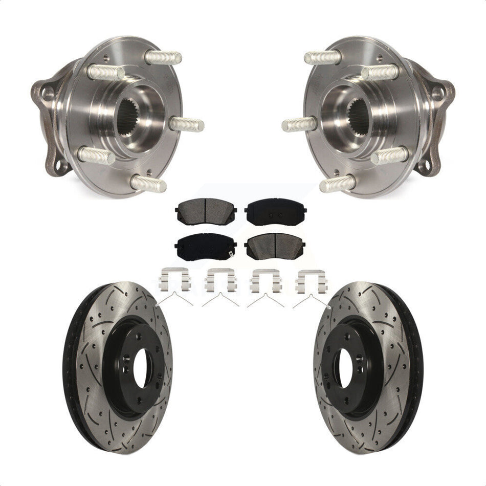 Front Hub Bearing Assembly With Coated Drilled Slotted Disc Brake Rotors And Semi-Metallic Pads Kit For 2016 Hyundai Sonata FULL HYBRID EV-GAS (FHEV) engine KBB-103179