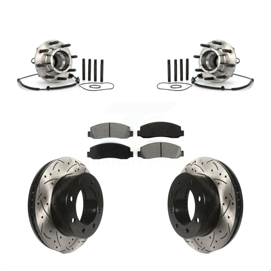 Front Hub Bearing Assembly With Coated Drilled Slotted Disc Brake Rotors And Semi-Metallic Pads Kit For Ford F-250 Super Duty F-350 Single Rear Wheels KBB-103189