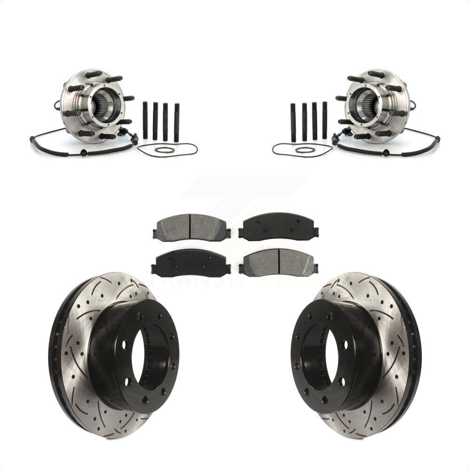 Front Hub Bearing Assembly With Coated Drilled Slotted Disc Brake Rotors And Semi-Metallic Pads Kit For 2008-2010 Ford F-350 Super Duty 4WD Single Rear Wheels KBB-103190
