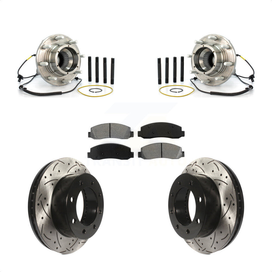 Front Hub Bearing Assembly With Coated Drilled Slotted Disc Brake Rotors And Semi-Metallic Pads Kit For Ford F-250 Super Duty Dual Rear Wheels KBB-103193