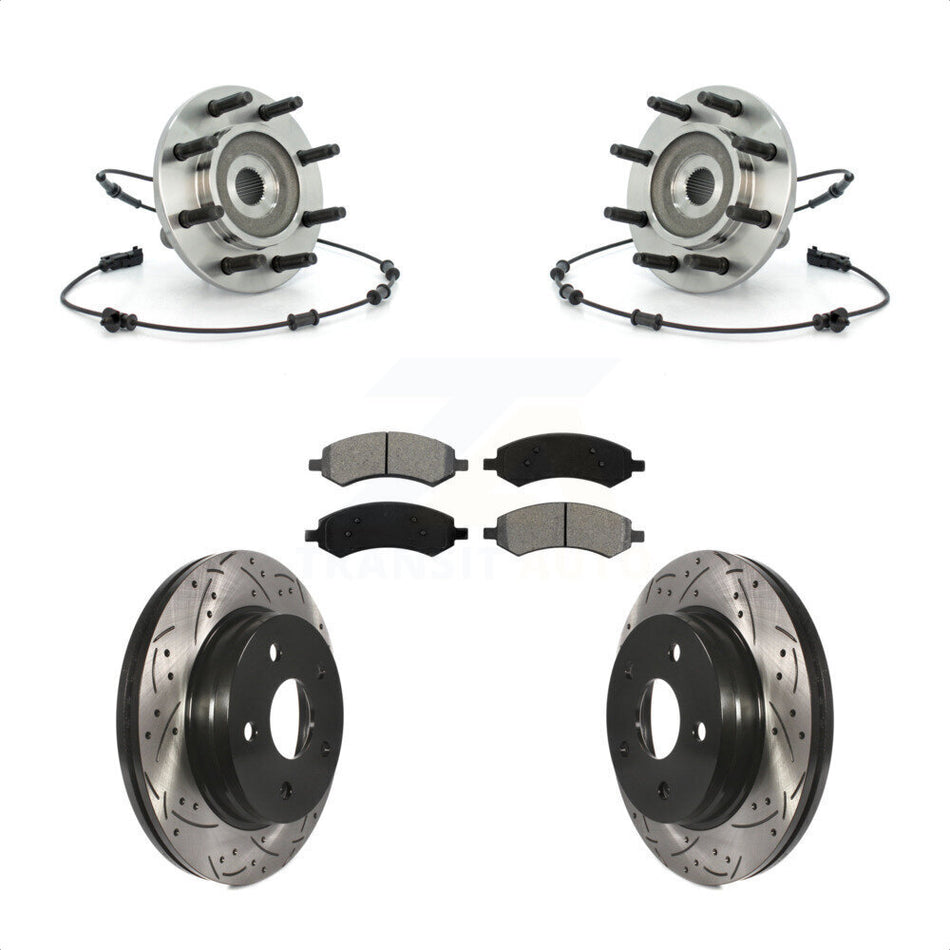 Front Hub Bearing Assembly With Coated Drilled Slotted Disc Brake Rotors And Pads Kit For 2007-2008 Dodge Ram 1500 Standard Cab Pickup Crew 8 Lug Wheels KBB-103208