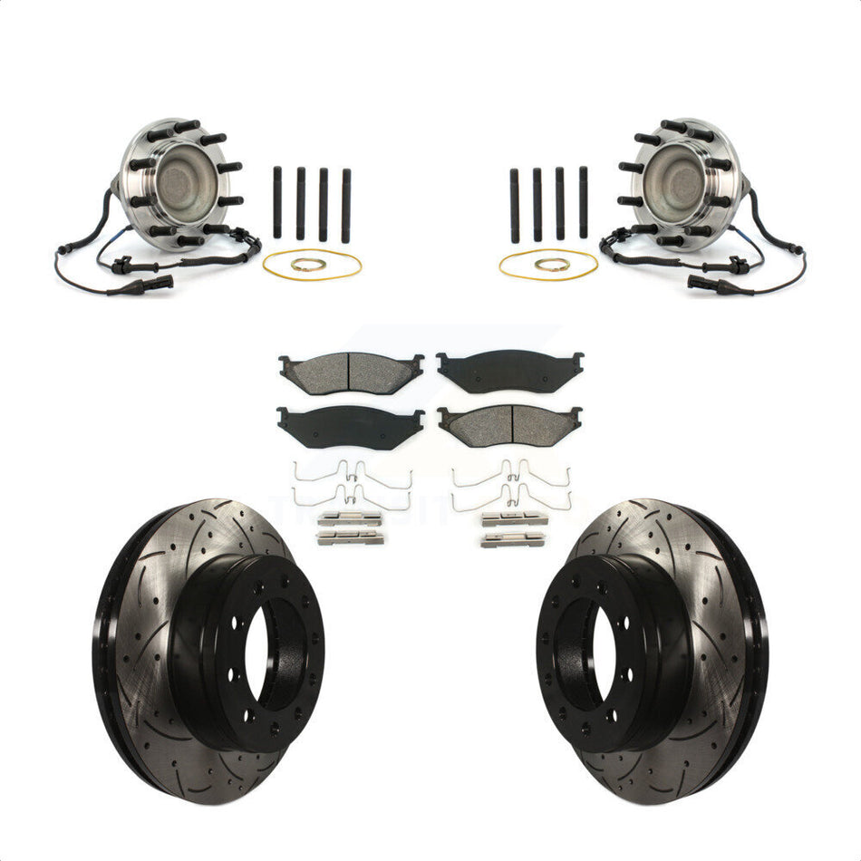 Front Hub Bearing Assembly With Coated Drilled Slotted Disc Brake Rotors And Semi-Metallic Pads Kit For Ford F-450 Super Duty F-550 KBB-103210