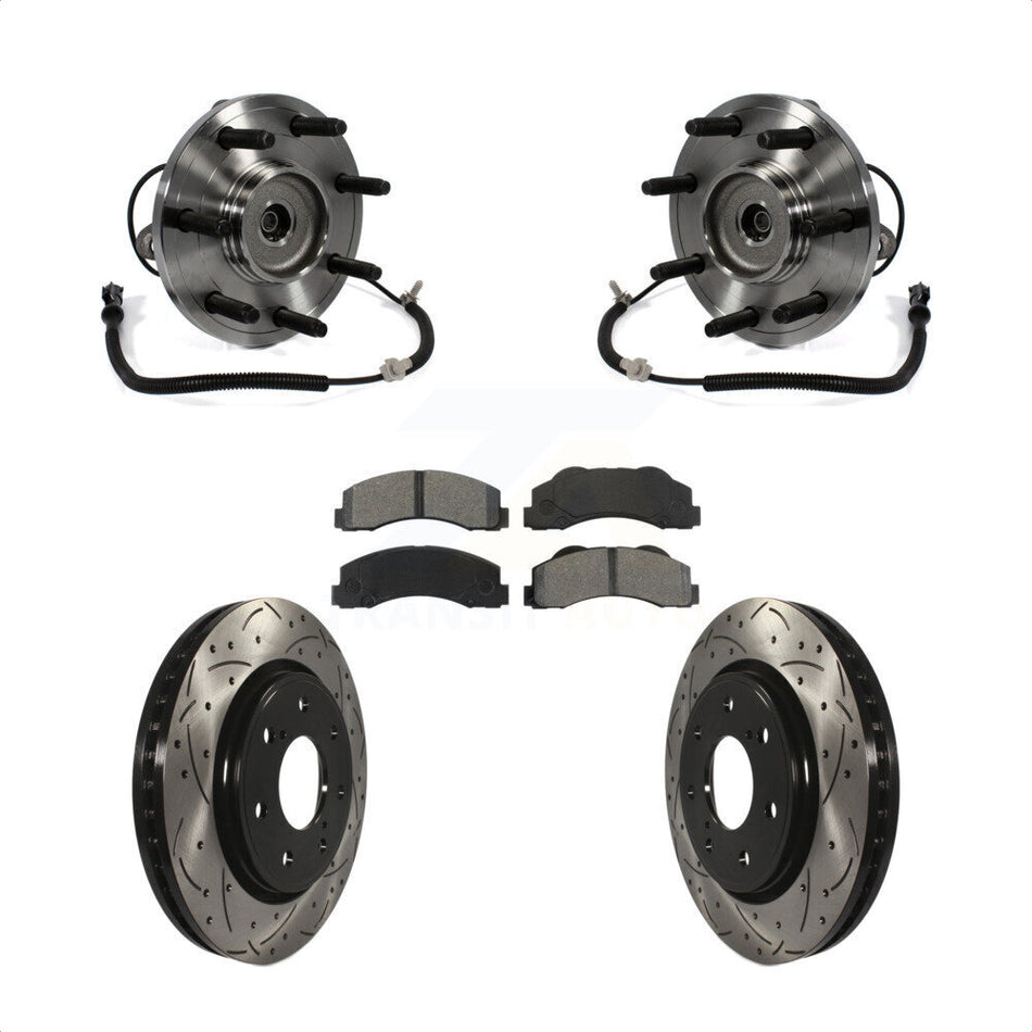 Front Hub Bearing Assembly With Coated Drilled Slotted Disc Brake Rotors And Semi-Metallic Pads Kit For Ford F-150 7 Lug Wheels Heavy Duty Payload Package KBB-103212