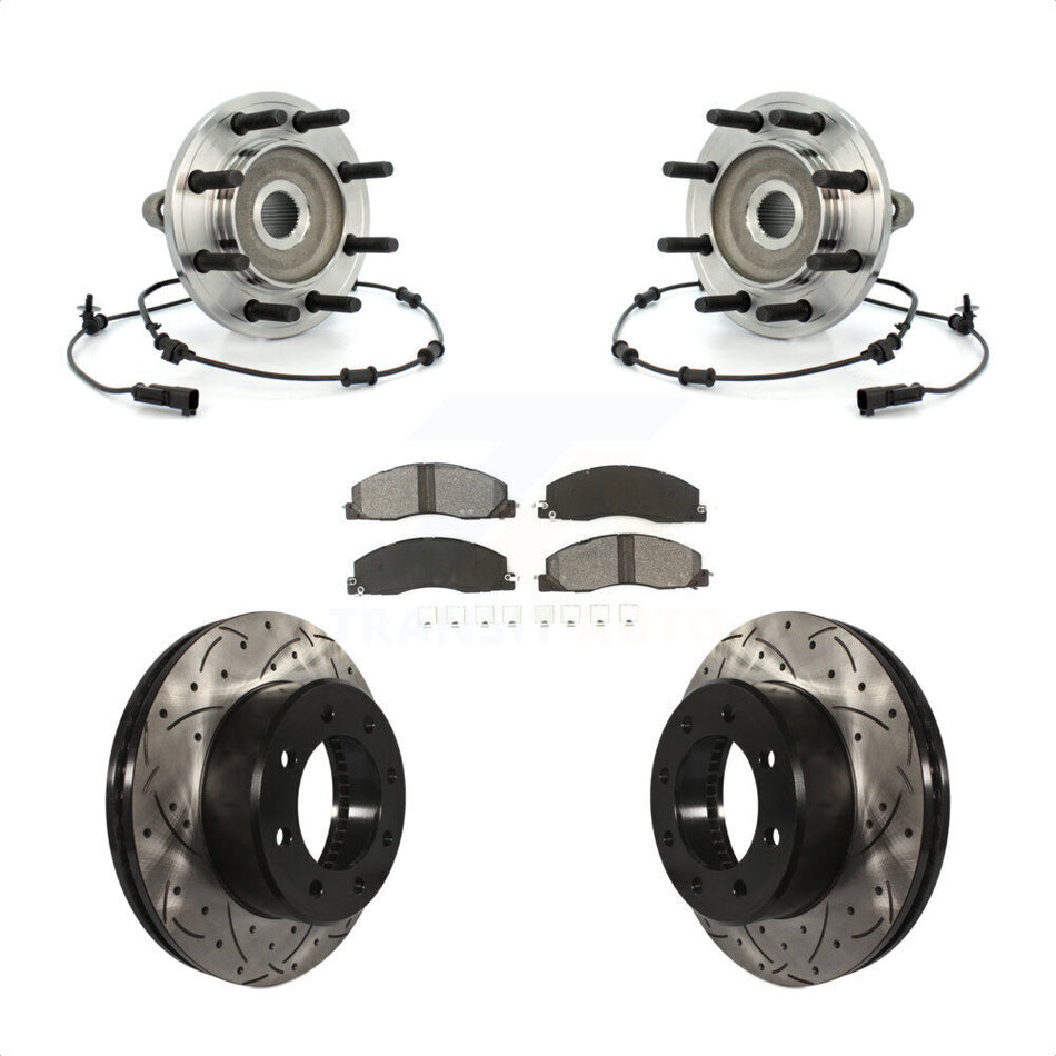 Front Hub Bearing Assembly With Coated Drilled Slotted Disc Brake Rotors And Semi-Metallic Pads Kit For Dodge Ram 2500 3500 4WD KBB-103214
