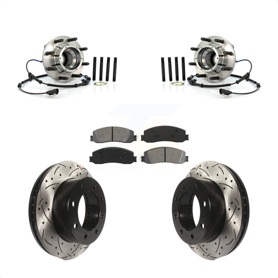 Front Hub Bearing Assembly With Coated Drilled Slotted Disc Brake Rotors And Semi-Metallic Pads Kit For 2011-2011 Ford F-250 Super Duty F-350 Single Rear Wheels 4WD KBB-103217
