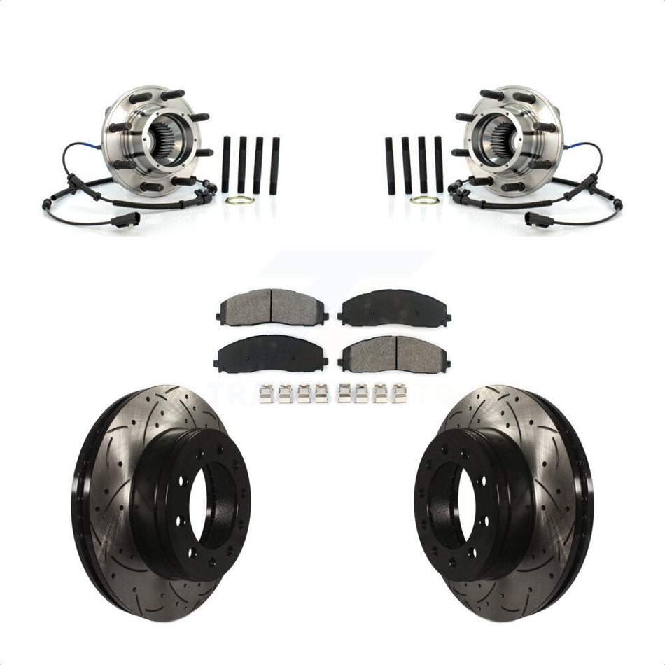 Front Hub Bearing Assembly With Coated Drilled Slotted Disc Brake Rotors And Semi-Metallic Pads Kit For 2013 Ford F-250 Super Duty 4WD Wide Frame Vehicle KBB-103219