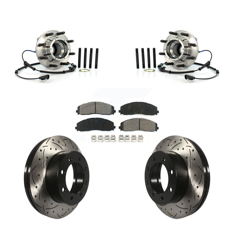 Front Hub Bearing Assembly With Coated Drilled Slotted Disc Brake Rotors And Semi-Metallic Pads Kit For Ford F-250 Super Duty F-350 4WD KBB-103220