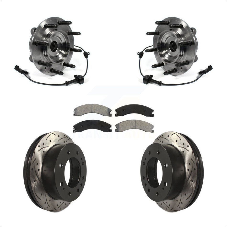 Front Hub Bearing Assembly With Coated Drilled Slotted Disc Brake Rotors And Semi-Metallic Pads Kit For Chevrolet Silverado 2500 HD GMC Sierra 3500 4WD KBB-103227