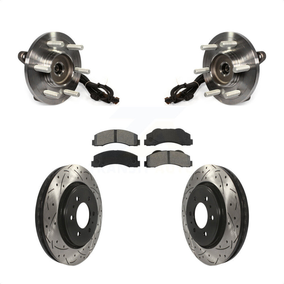 Front Hub Bearing Assembly With Coated Drilled Slotted Disc Brake Rotors And Semi-Metallic Pads Kit For 2015-2017 Ford F-150 4WD KBB-103240
