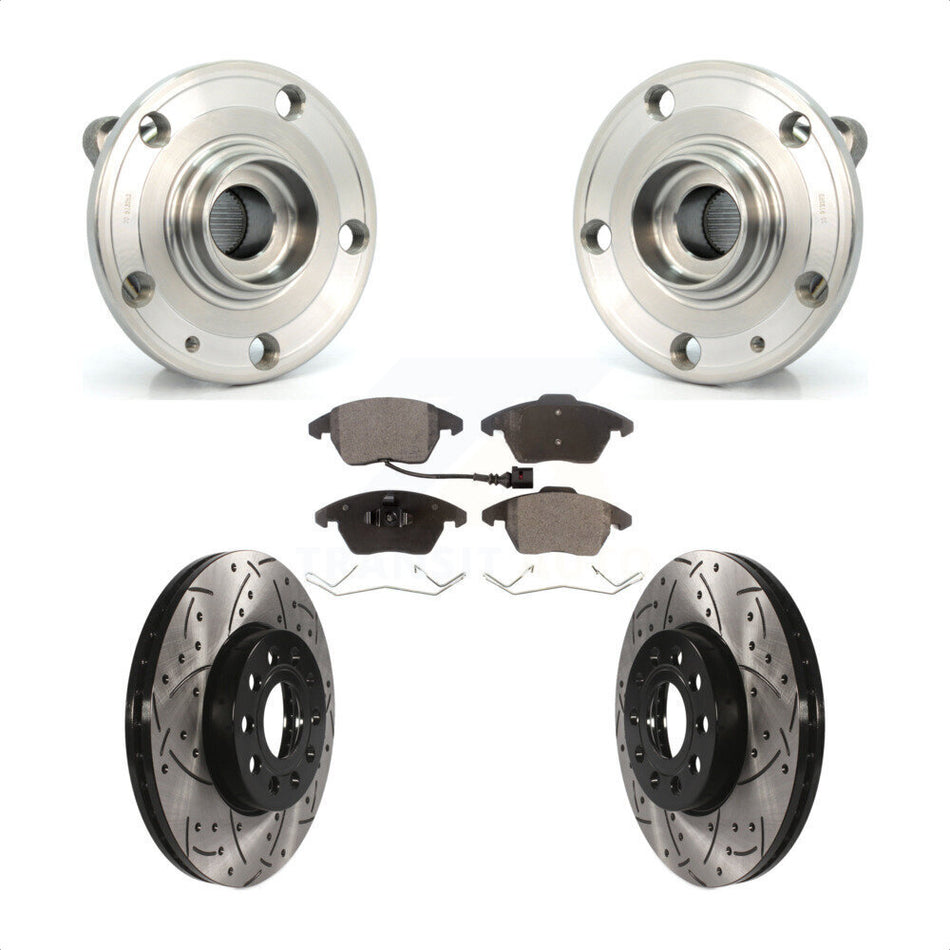 Front Hub Bearing Assembly With Coated Drilled Slotted Disc Brake Rotors And Ceramic Pads Kit For Volkswagen Jetta Beetle Golf Rabbit Audi A3 GTI Quattro KBB-103275