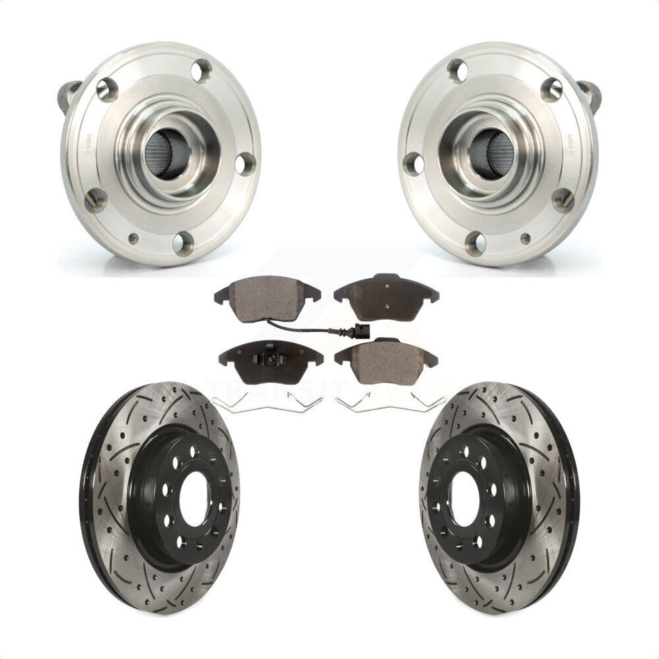 Front Hub Bearing Assembly With Coated Drilled Slotted Disc Brake Rotors And Ceramic Pads Kit For Volkswagen GTI Audi A3 Quattro 280mm Diameter Rotor KBB-103276