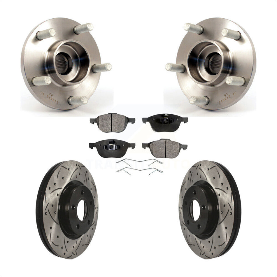 Front Hub Bearing Assembly With Coated Drilled Slotted Disc Brake Rotors And Ceramic Pads Kit For Volvo S40 C70 C30 V50 KBB-103281