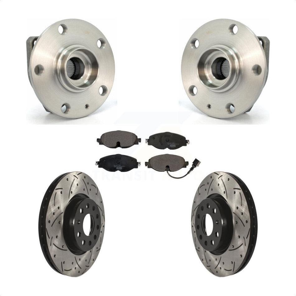 Front Hub Bearing Assembly With Coated Drilled Slotted Disc Brake Rotors And Ceramic Pads Kit For 2017 Volkswagen Golf Alltrack Code 1ZE 1ZP KBB-103287