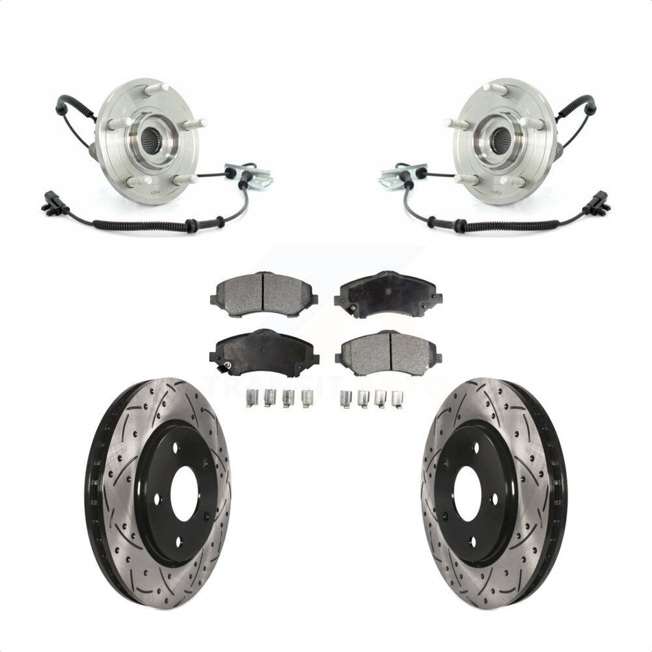 Front Hub Bearing Assembly With Coated Drilled Slotted Disc Brake Rotors And Ceramic Pads Kit For Chrysler Town & Country Dodge Grand Caravan Volkswagen Routan KBB-103301
