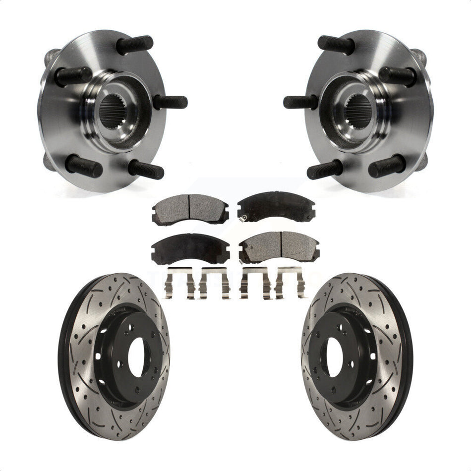 Front Hub Bearing Assembly With Coated Drilled Slotted Disc Brake Rotors And Ceramic Pads Kit For 2010-2011 Mitsubishi Lancer Ralliart Sportback with AWD KBB-103329