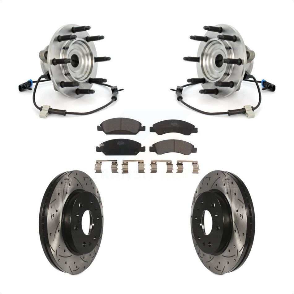Front Hub Bearing Assembly With Coated Drilled Slotted Disc Brake Rotors And Ceramic Pads Kit For Chevrolet Silverado 1500 GMC Sierra Classic 8 Lug Wheels KBB-103387