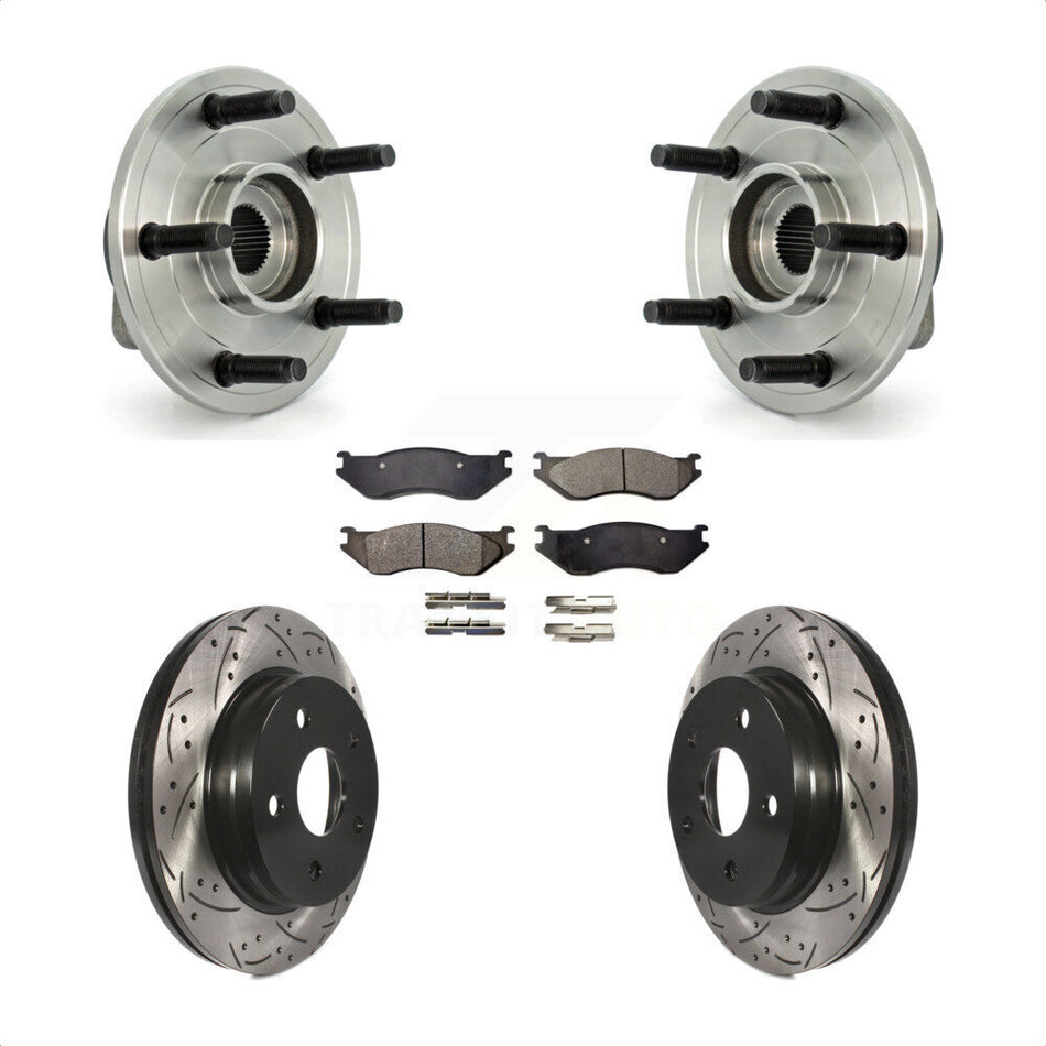 Front Hub Bearing Assembly With Coated Drilled Slotted Disc Brake Rotors And Ceramic Pads Kit For Dodge Ram 1500 5 Lug Wheels KBB-103390
