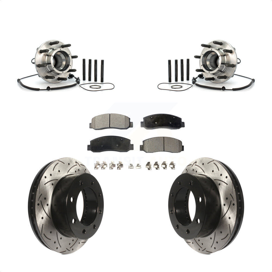 Front Hub Bearing Assembly With Coated Drilled Slotted Disc Brake Rotors And Ceramic Pads Kit For Ford F-250 Super Duty F-350 Single Rear Wheels KBB-103392