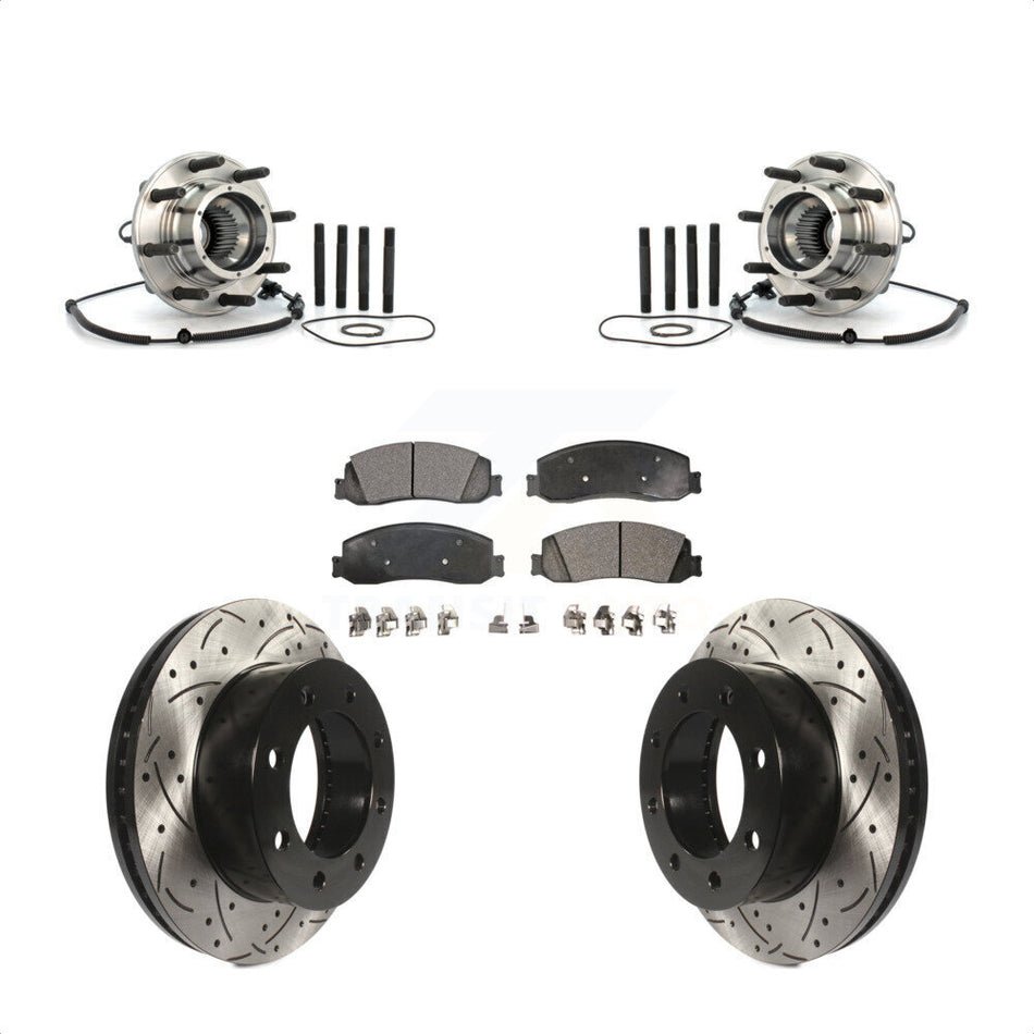 Front Hub Bearing Assembly With Coated Drilled Slotted Disc Brake Rotors And Ceramic Pads Kit For 2008-2010 Ford F-350 Super Duty 4WD Single Rear Wheels KBB-103393