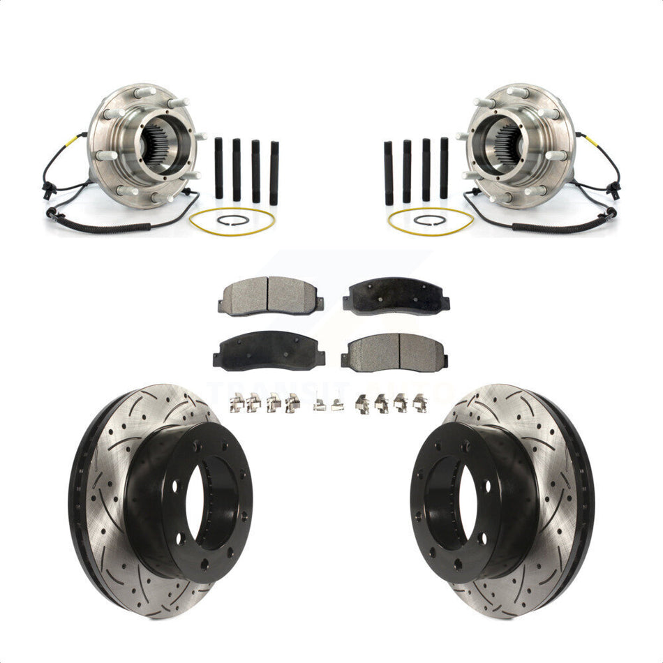 Front Hub Bearing Assembly With Coated Drilled Slotted Disc Brake Rotors And Ceramic Pads Kit For Ford F-250 Super Duty Dual Rear Wheels KBB-103396