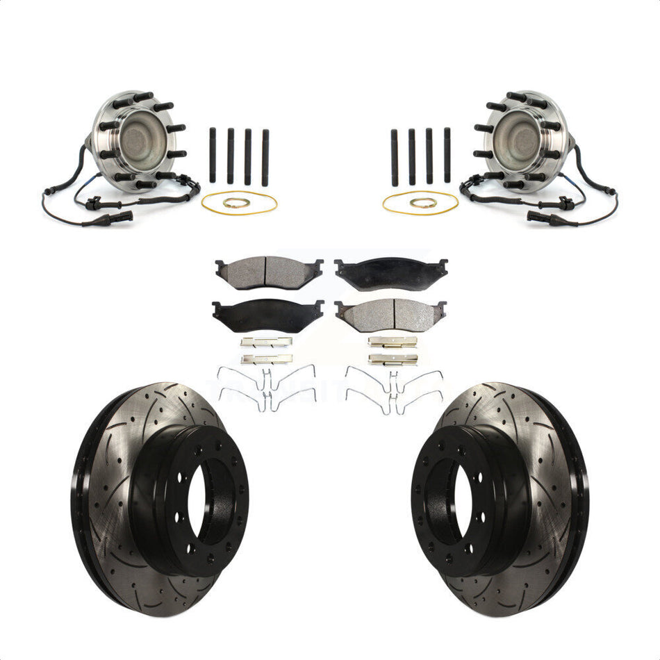 Front Hub Bearing Assembly With Coated Drilled Slotted Disc Brake Rotors And Ceramic Pads Kit For Ford F-450 Super Duty F-550 KBB-103413