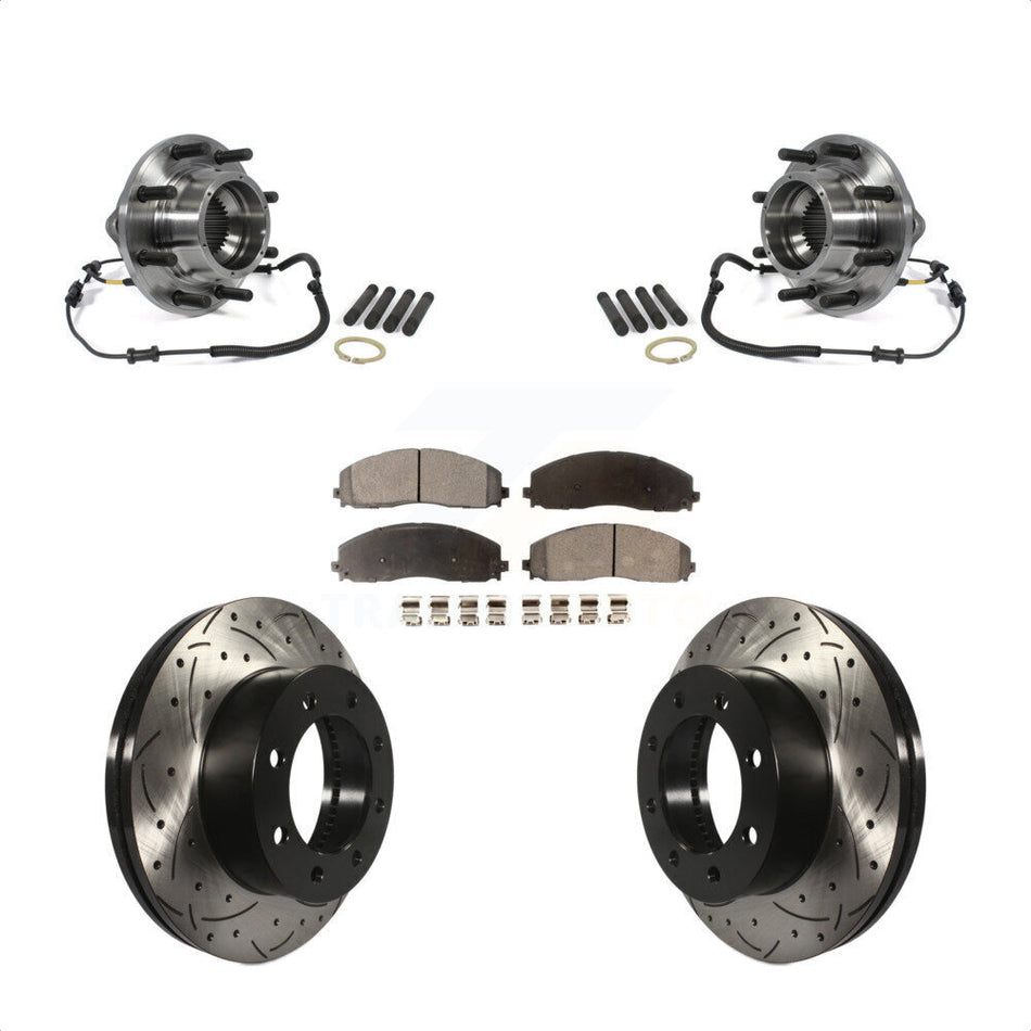 Front Hub Bearing Assembly With Coated Drilled Slotted Disc Brake Rotors And Ceramic Pads Kit For 2014 Ford F-350 Super Duty 4WD Dual Rear Wheels KBB-103424