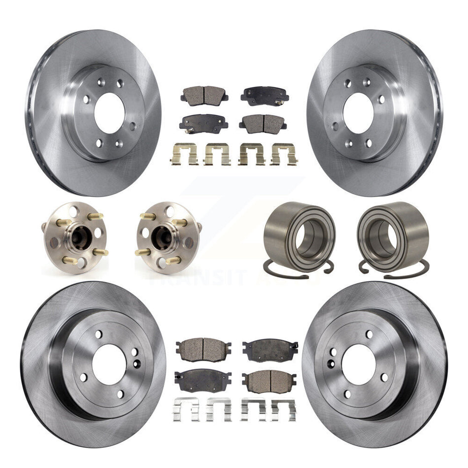 Front Rear Wheel Hub Bearings Assembly Disc Brake Rotors And Semi-Metallic Pads Kit (10Pc) For 2011 Hyundai Accent Non-ABS KBB-106251