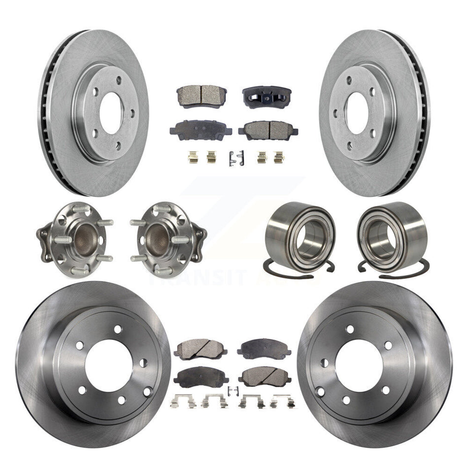 Front Rear Wheel Hub Bearings Assembly Disc Brake Rotors And Ceramic Pads Kit (10Pc) For 2008-2009 Mitsubishi Lancer DE with FWD Non-ABS KBB-107101