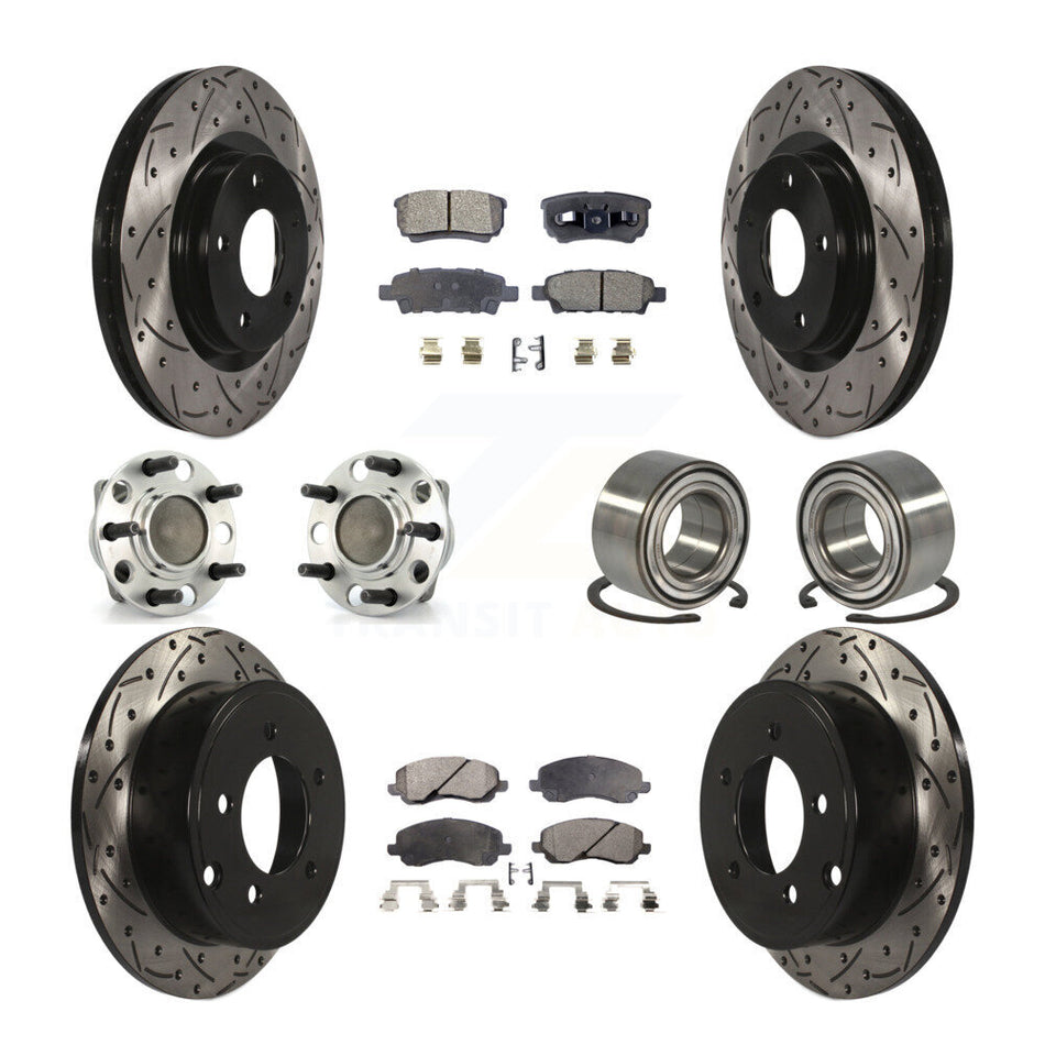 Front Rear Hub Bearings Assembly Coated Disc Brake Rotors And Semi-Metallic Pads Kit (10Pc) For 2007 Dodge Caliber FWD with Drum rear brakes Non-ABS With 294mm Diameter Rotor KBB-107333