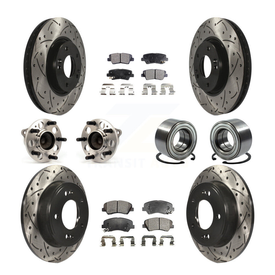 Front Rear Wheel Hub Bearings Assembly Coated Disc Brake Rotors And Semi-Metallic Pads Kit (10Pc) For 2015 Hyundai Veloster Tech RE FLEX SE KBB-107383