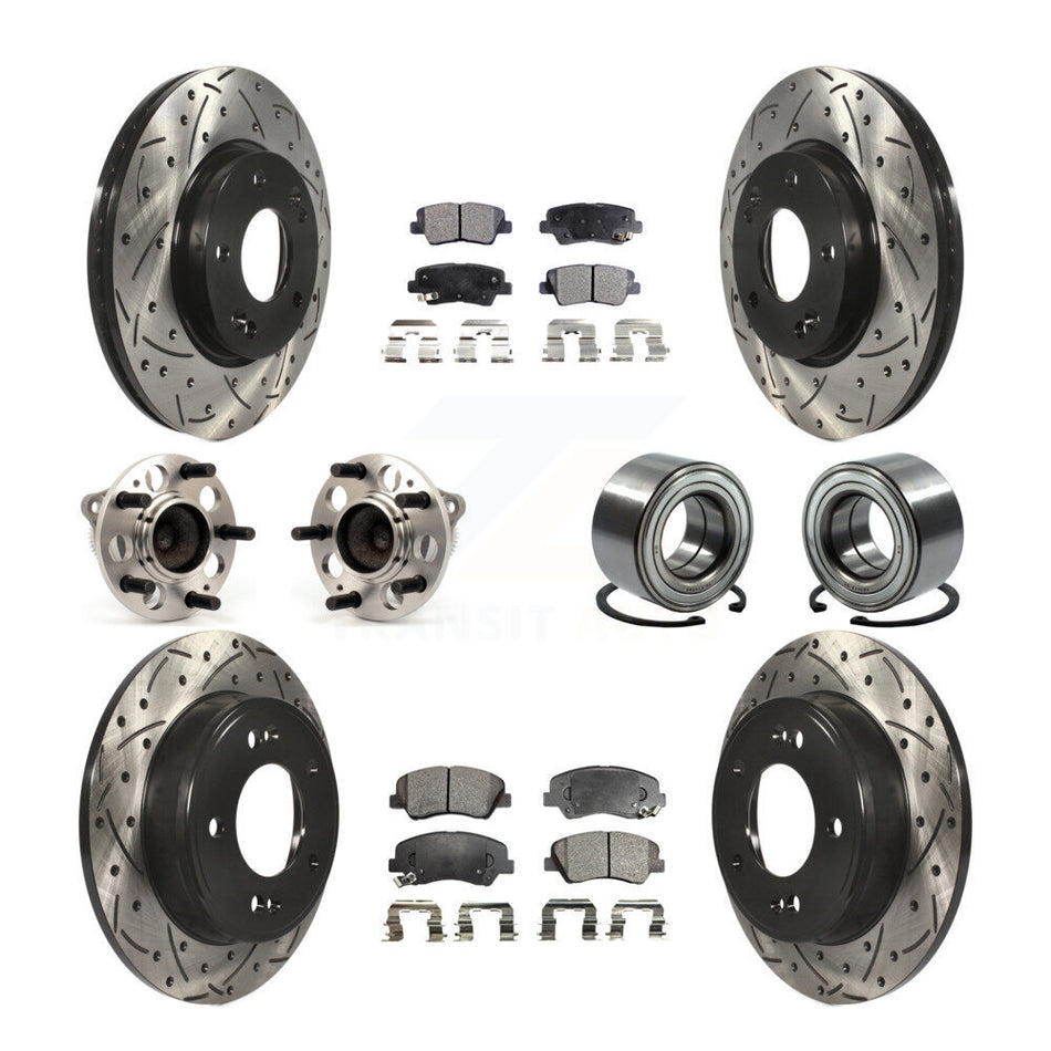 Front Rear Wheel Hub Bearings Assembly Coated Disc Brake Rotors And Semi-Metallic Pads Kit (10Pc) For Hyundai Elantra Kia Forte Veloster GT Forte5 Coupe Koup KBB-107387