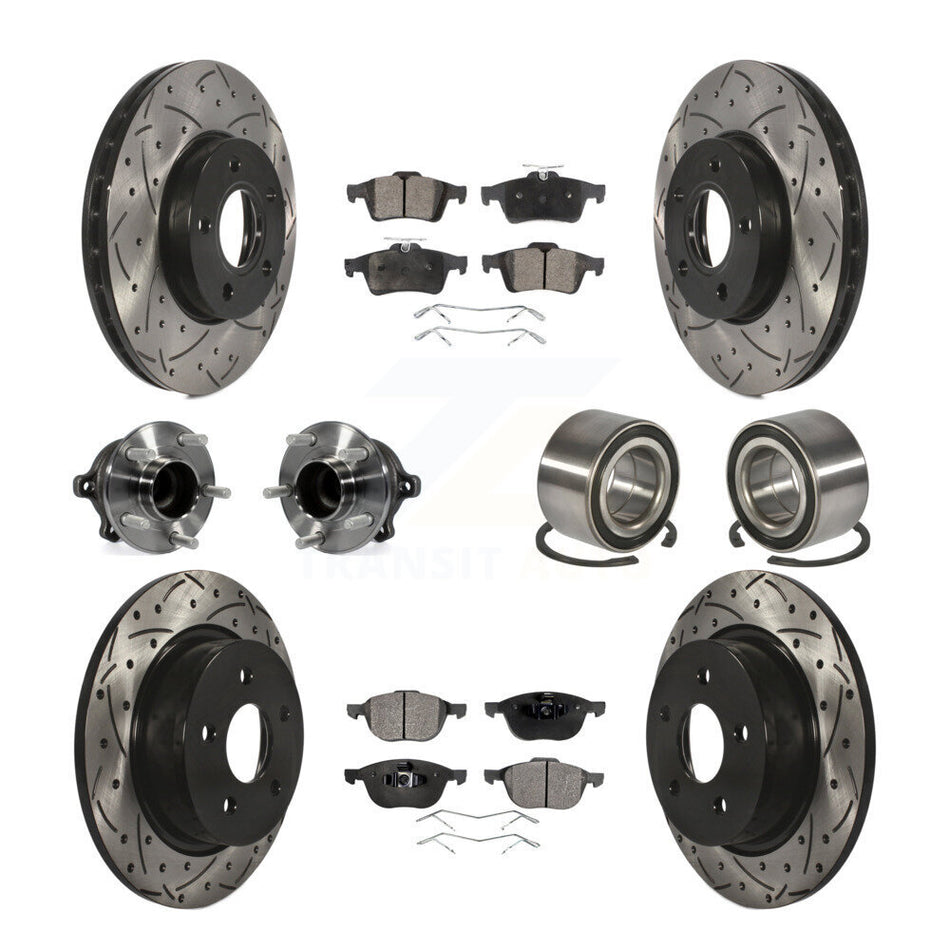 Front Rear Wheel Hub Bearings Assembly Coated Disc Brake Rotors And Semi-Metallic Pads Kit (10Pc) For Ford C-Max Without Parking Assist KBB-107391