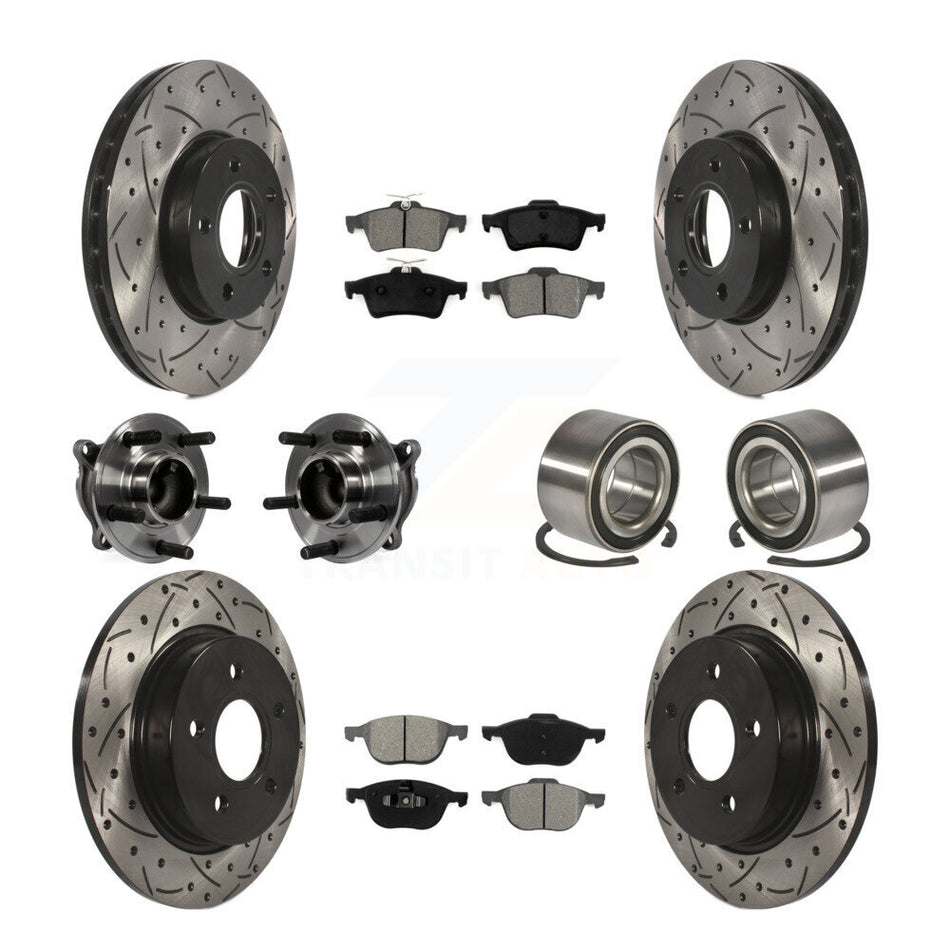 Front Rear Wheel Hub Bearings Assembly Coated Disc Brake Rotors And Semi-Metallic Pads Kit (10Pc) For Ford Focus Without Active Park Assist KBB-107477