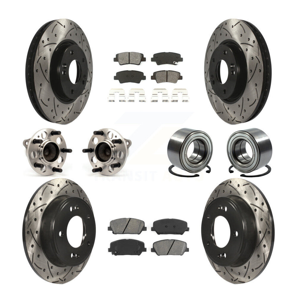 Front Rear Wheel Hub Bearings Assembly Coated Disc Brake Rotors And Semi-Metallic Pads Kit (10Pc) For Hyundai Veloster Kia Forte Koup KBB-107480
