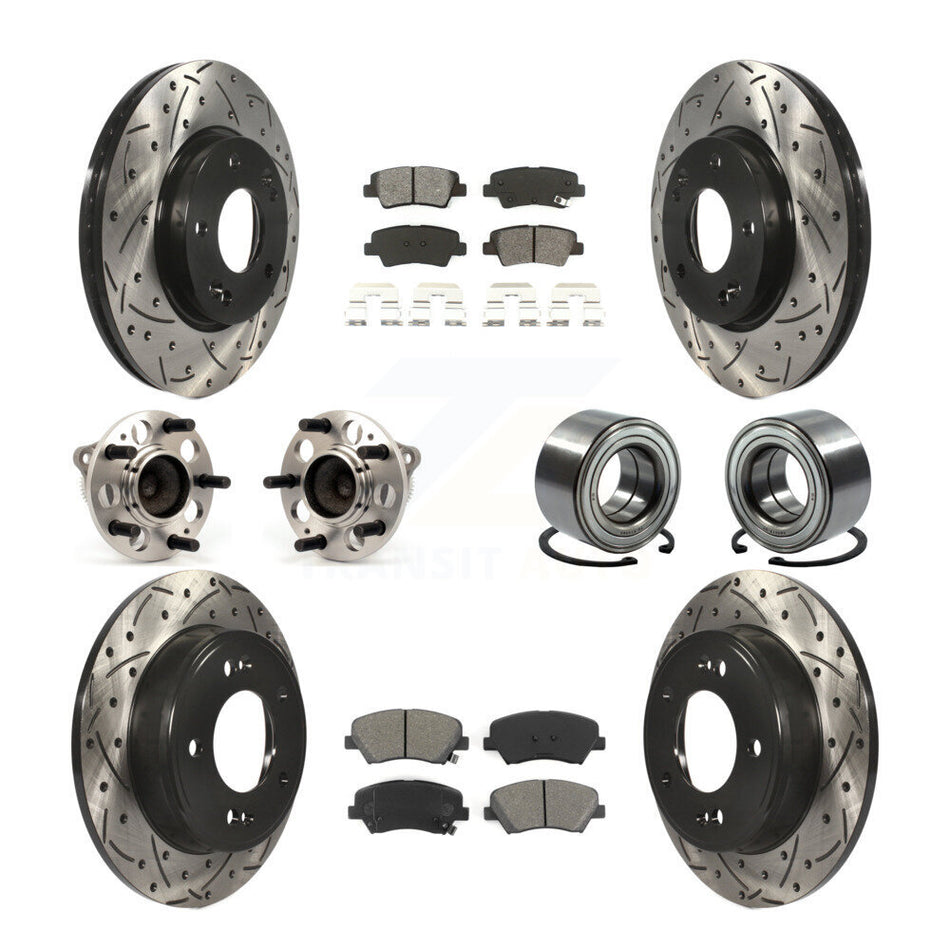 Front Rear Wheel Hub Bearings Assembly Coated Disc Brake Rotors And Semi-Metallic Pads Kit (10Pc) For Hyundai Elantra Kia Forte Veloster GT Forte5 Coupe Koup KBB-107482