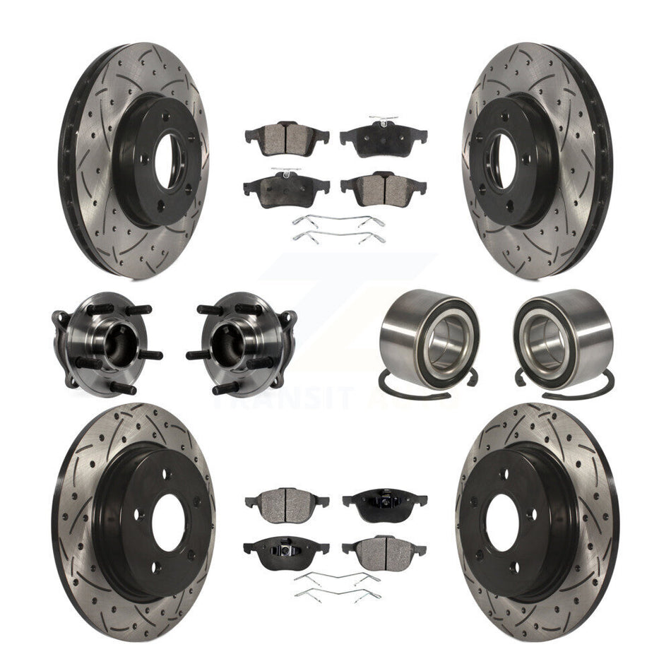 Front Rear Wheel Hub Bearings Assembly Coated Disc Brake Rotors And Ceramic Pads Kit (10Pc) For Ford Focus Without Active Park Assist KBB-107567