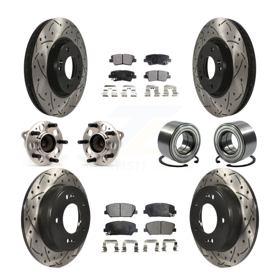 Front Rear Wheel Hub Bearings Assembly Coated Disc Brake Rotors And Ceramic Pads Kit (10Pc) For Hyundai Veloster Kia Forte Koup KBB-107571